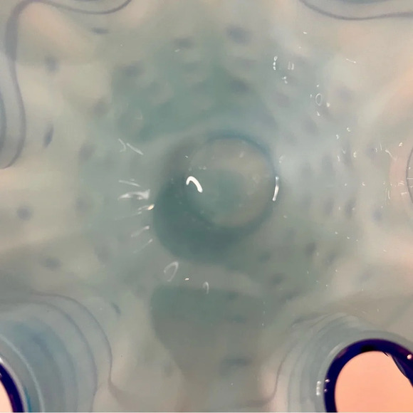 Blue Polka Dot & Stripped Blown Glass Fluted Ruffle Vase Handmade Unique - Picture 12 of 15